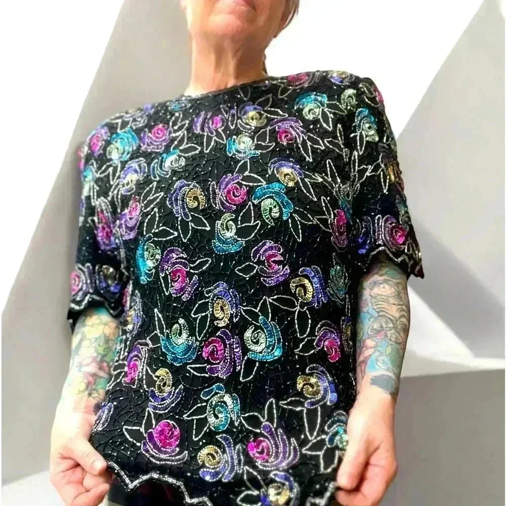 Rare Vintage LAURENCE KAZAR colorful Sequin statement Top -US L